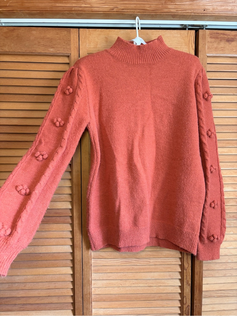 And The Why Cozy Rust Mock Neck Sweater with Pom-Pom Sleeve Detail S/M